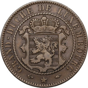 obverse: Luxembourg.  William III (1849-1890).. AE 10 centimes 1860 A, Paris mint