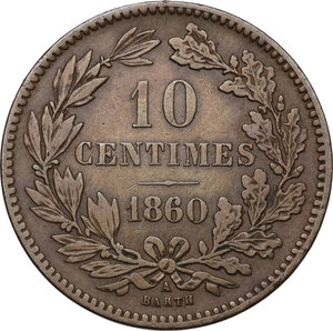 reverse: Luxembourg.  William III (1849-1890).. AE 10 centimes 1860 A, Paris mint