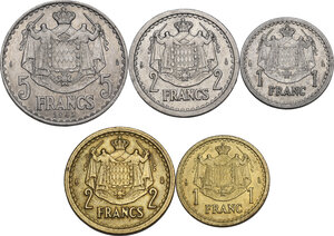 reverse: Monaco, Principality of .  Louis II (1922-1949). Lot of five (5) coins: 5 francs AL, 2 francs (AL and CU-NI) and franc (AL and CU-NI) nd (1943 and 1945)