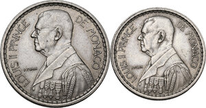 obverse: Monaco, Principality of .  Louis II (1922-1949). Lot of two (2) CU-NI coins: 20 francs 1947 and 10 francs 1946