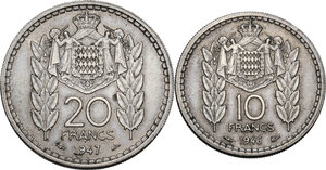 reverse: Monaco, Principality of .  Louis II (1922-1949). Lot of two (2) CU-NI coins: 20 francs 1947 and 10 francs 1946