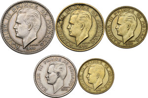 obverse: Monaco, Principality of .  Rainier III (1949-2005). Lot of five (5) coins: 100 francs 1950, 100 francs 1956, 50 francs 1950, 20 francs 1950 and 10 francs 1950