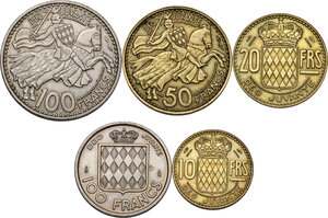 reverse: Monaco, Principality of .  Rainier III (1949-2005). Lot of five (5) coins: 100 francs 1950, 100 francs 1956, 50 francs 1950, 20 francs 1950 and 10 francs 1950