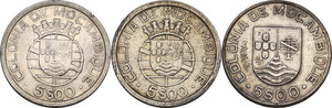 reverse: Mozambique.  Portuguese occupation until 1975. Lot of three (3) coins: 5 escudos 1935, 1938 and 1949