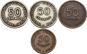 reverse: Mozambique.  Portuguese occupation until 1975. Lot of four (4) coins: 50 centavos 1936, 1945, 1951 and 1953