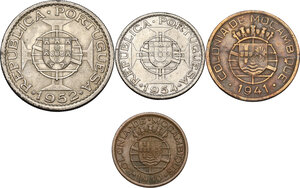 obverse: Mozambique.  Portuguese occupation until 1975. Lot of four (4) coins: 20 escudos 1952, 10 escudos 1954, 20 centavos 1941 and 1950