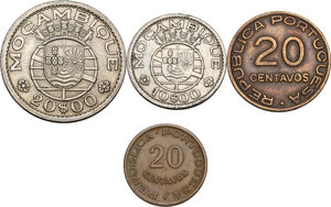 reverse: Mozambique.  Portuguese occupation until 1975. Lot of four (4) coins: 20 escudos 1952, 10 escudos 1954, 20 centavos 1941 and 1950