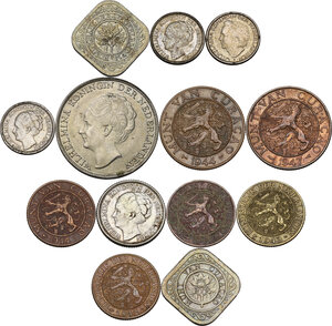 obverse: Netherlands. Lot of thirteen (13) coins, some for the Curacao mint: gulden 1944, 1/10 gulden 1944 and 1948, 25 cents 1941, 10 cents 1941, 5 cents 1943, 1948, 2 1/2 cent 1944, 1947, cent 191942, 1943, 1944, 1947