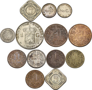 reverse: Netherlands. Lot of thirteen (13) coins, some for the Curacao mint: gulden 1944, 1/10 gulden 1944 and 1948, 25 cents 1941, 10 cents 1941, 5 cents 1943, 1948, 2 1/2 cent 1944, 1947, cent 191942, 1943, 1944, 1947