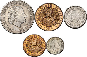 obverse: Netherlands Antille.  Juliana (1948-1980). Lot of five (5): gulden 1952, 1/4 of gulden 1954, 1/10 of gulden 1954, 2 1/2 cent 1956, cent 1954