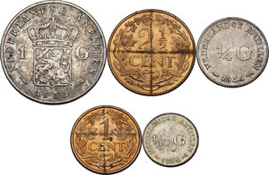 reverse: Netherlands Antille.  Juliana (1948-1980). Lot of five (5): gulden 1952, 1/4 of gulden 1954, 1/10 of gulden 1954, 2 1/2 cent 1956, cent 1954
