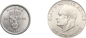 obverse: Norway. Lot of two (2) coins, including: 50 Ore, Haakon VII, 1955 and 5 Kroner, Olaf V, 1967