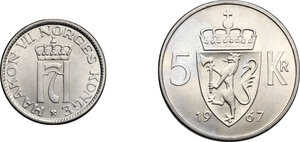 reverse: Norway. Lot of two (2) coins, including: 50 Ore, Haakon VII, 1955 and 5 Kroner, Olaf V, 1967