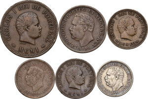 obverse: Portuguese India.  Portuguese Administration.. Lot of six (6) coins: 1/2 tanga 1901, quarto 1886, quarto 1881 (AR), ottavo 1886, ottavo 1901, ottavo 1903