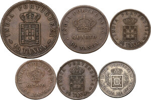 reverse: Portuguese India.  Portuguese Administration.. Lot of six (6) coins: 1/2 tanga 1901, quarto 1886, quarto 1881 (AR), ottavo 1886, ottavo 1901, ottavo 1903