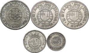 obverse: Portuguese India.  Portoguese Administration. Lot of five (5) coins: rupia 1947 (2), 6 escudos 1959, 1 escudo 1958, 60 centavos 1959