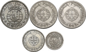 reverse: Portuguese India.  Portoguese Administration. Lot of five (5) coins: rupia 1947 (2), 6 escudos 1959, 1 escudo 1958, 60 centavos 1959