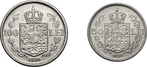 reverse: Romania.  Carol II (1930-1940). Lot of two (2) coins: 100 lei 1936 and 50 lei 1937