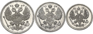 obverse: Russia.  Nicholas II (1894-1917). Lot of three (3) coins: 20 kopeks 1913 BC, 15 kopeks 1915 BC, 10 kopeks 1913 BC