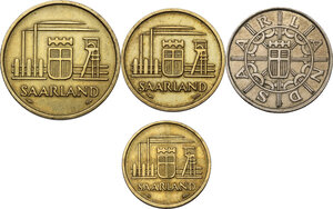 obverse: Saarland.  German Republic State.. Lot of four (4) coins: 100 franken 1955, 50 franken 1954, 20 franken 1954 and 10 franken 1954