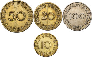reverse: Saarland.  German Republic State.. Lot of four (4) coins: 100 franken 1955, 50 franken 1954, 20 franken 1954 and 10 franken 1954