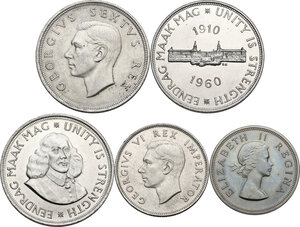 obverse: South Africa. Lot of five (5) AR coins: 2 1/2 Shillings 1940, 5 Schillings 1951, Penny 1953, 5 Shilling 1960 and 50 Cents 1963