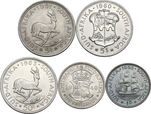 reverse: South Africa. Lot of five (5) AR coins: 2 1/2 Shillings 1940, 5 Schillings 1951, Penny 1953, 5 Shilling 1960 and 50 Cents 1963