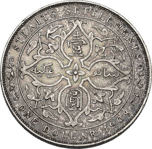 reverse: Straits Settlement.  Edward VII (1841-1910).. AR Dollar 1908