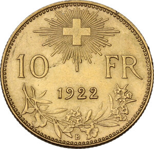 reverse: Switzerland.  Confederation (1848- ). AV 10 Francs 1922