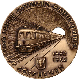obverse: Switzerland.  Ferrovia S.Gottardo, Airolo. AE Medal fur die 100 Jahre Gotthard Bahntunnel 1882-1982