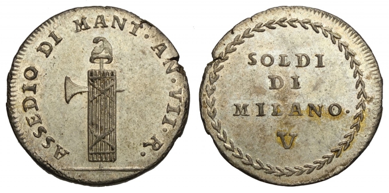 obverse: Mantova, Repubblica Cisalpina, Assedio Austro-Russo (1799), 5 Soldi anno VII, Mi mm 19 conservazione inusuale per la tipologia, q.FDC