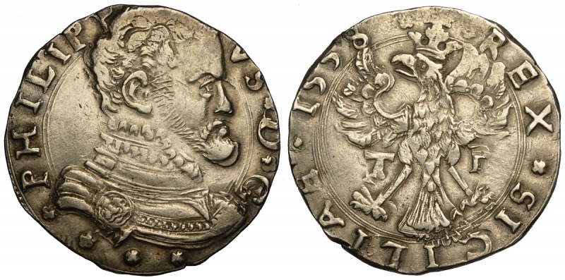 obverse: Messina, Filippo II, 4 Tarì 1558, Ag mm 32 g 11,77 di buona qualità per la tipologia, BB-SPL