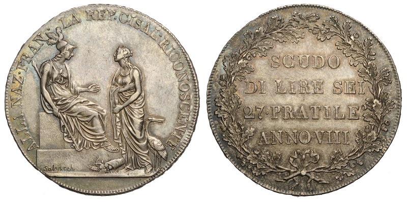 obverse: Milano, Repubblica Cisalpina (1800-1802), Scudo da 6 Lire anno VIII, Rara Ag mm 39 bellissima patina, migliore di SPL