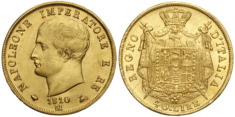 obverse: Milano, Napoleone I Re d Italia, 40 Lire 1810-M, Au mm 26 esemplare di alta conservazione specie per la tipologia, SPL-FDC