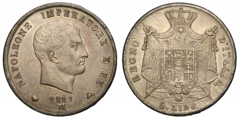 obverse: Milano, Napoleone I Re d Italia, 5 Lire 1811-M, Ag mm 37 alta conservazione, SPL-FDC