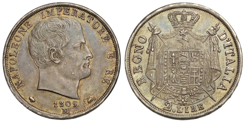 obverse: Milano, Napoleone I Re d Italia, 2 Lire 1809-M, Ag mm 28 bella patina e buon SPL