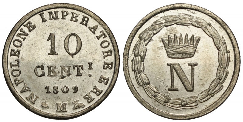 obverse: Milano, Napoleone I Re d Italia, 10 Centesimi 1809-M, Mi mm 18 esemplare talmente ben conservato che alla vista sembra in argento, FDC