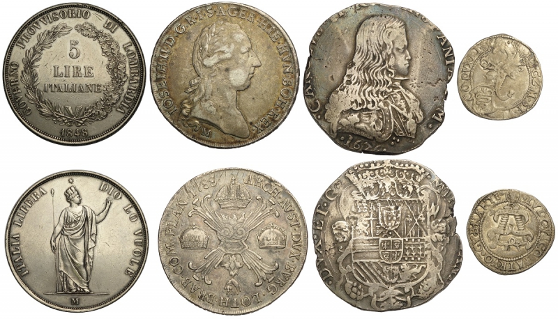 obverse: Milano, Lotto di 4 monete in argento: 5 Lire 1848, Crocione 1788, Filippo 1676, Grosso 1481-1494