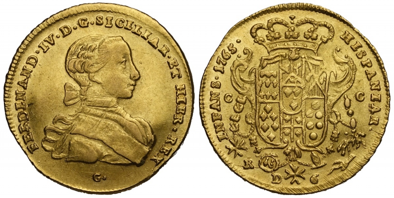 obverse: Napoli, Ferdinando IV di Borbone, 6 Ducati 1765-G, Gig-8a non comune, Au mm 26 g 8,79, di altissima conservazione, q.FDC