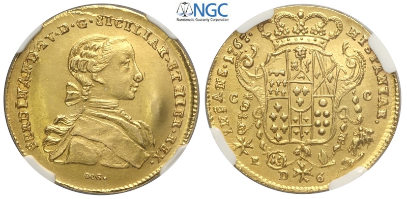 obverse: Napoli, Ferdinando IV di Borbone, 6 Ducati 1767, Au mm 26,5 conservazione eccezionale, in slab NGC MS65 (secondo miglior esemplare sigillato NGC)