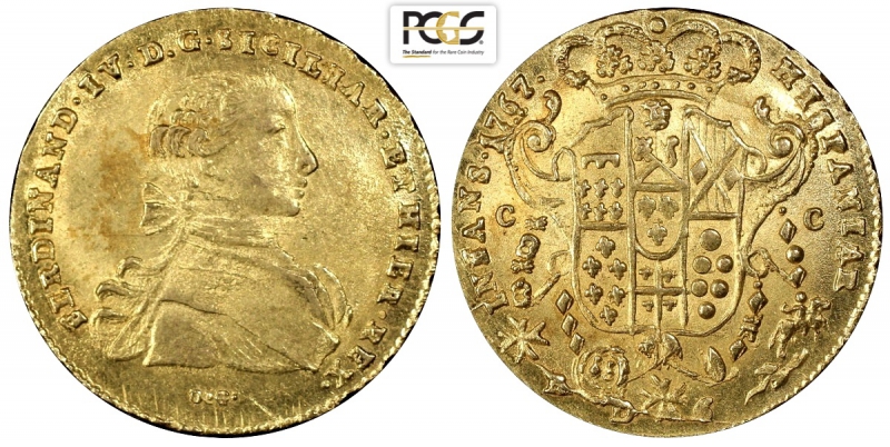 obverse: Napoli, Ferdinando IV di Borbone, 6 Ducati 1767, Au mm 26,5 di altissima conservazione, in slab PCGS MS64 