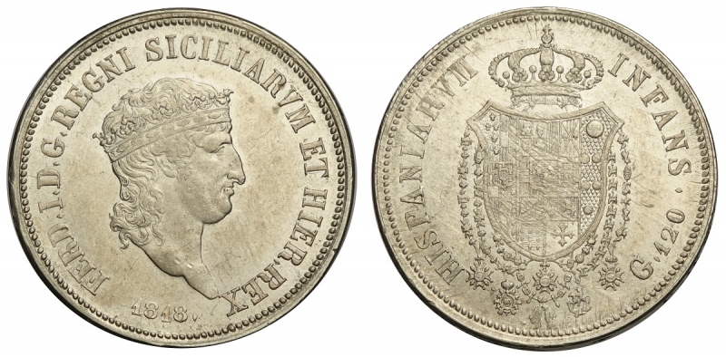 obverse: Napoli, Ferdinando IV di Borbone, Piastra da 120 Grana 1818 testa piccola, Ag mm 37,5 qualità inusuale per la tipologia, SPL-FDC