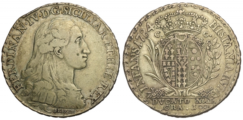 obverse: Napoli, Ferdinando IV di Borbone, Ducato da 100 Grana 1784, RR Ag mm 38 colpo al bordo altrimenti BB
