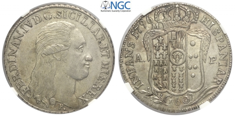 obverse: Napoli, Ferdinando IV di Borbone, Mezza Piastra da 100 Grana 1796, Ag mm 33 qualità inusuale per il tipo, in slab NGC MS63