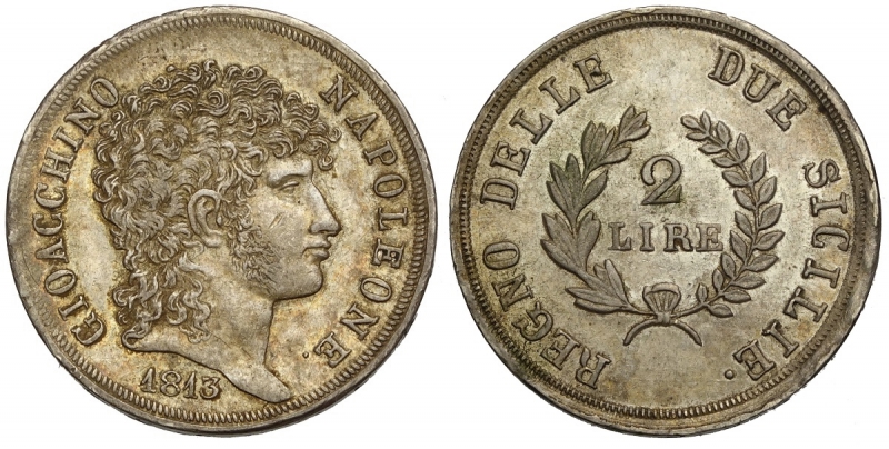 obverse: Napoli, Gioacchino Napoleone Murat, 2 Lire 1813, Ag mm 27 bella patina, migliore di SPL