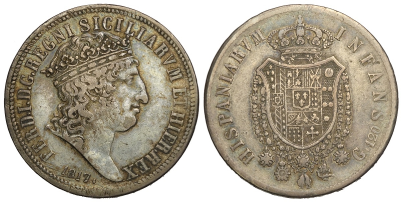 obverse: Napoli, Ferdinando I di Borbone, Piastra da 120 Grana 1817, RR Ag mm 37,5 bella patina, BB
