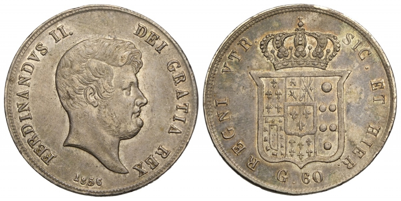 obverse: Napoli, Ferdinando II di Borbone, Mezza Piastra da 60 Grana 1856 con la cifra 1 capovolta, RRR Gig-112a Ag mm 31 SPL