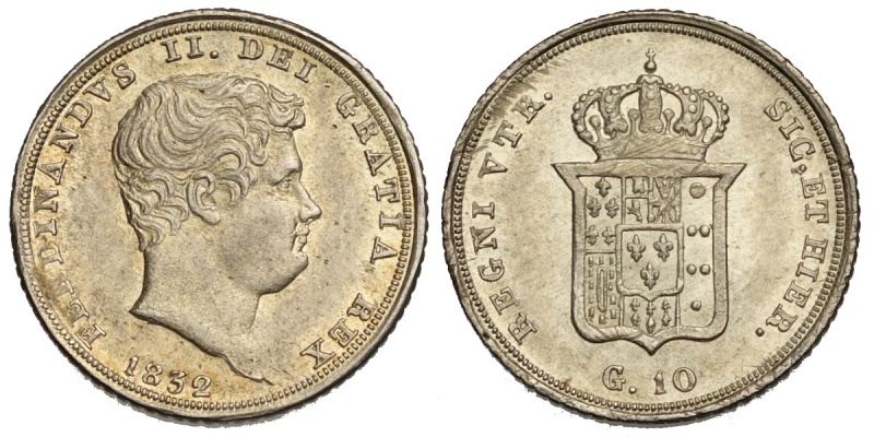 obverse: Napoli, Ferdinando II di Borbone, Carlino da 10 Grana 1832, Rara Ag mm 18,5 q.FDC