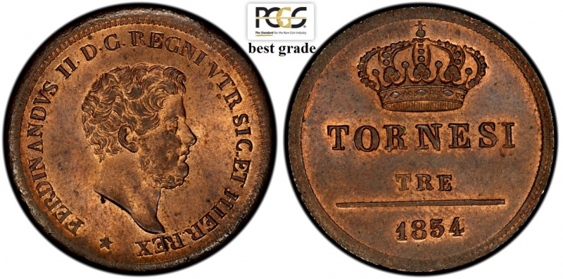 obverse: Napoli, Ferdinando II di Borbone, 3 Tornesi 1854, Cu mm 27 conservazione eccezionale in rame rosso, in slab PCGS MS65 RB (miglior esemplare sigillato PCGS)