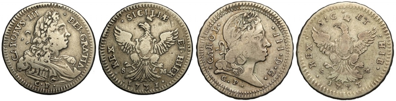 obverse: Palermo, Carlo III, 4 Tarì 1731 e 1733, Ag mm 29 e 30 g 9,54 e 9,43 lotto di 2 monete